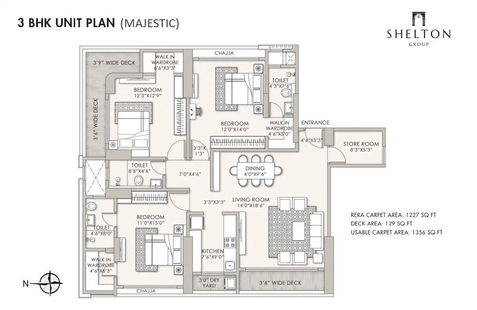 Floor plan of 3 BHK 1227 Sq. Ft. Apartment in Shelton Elite, Mumbai