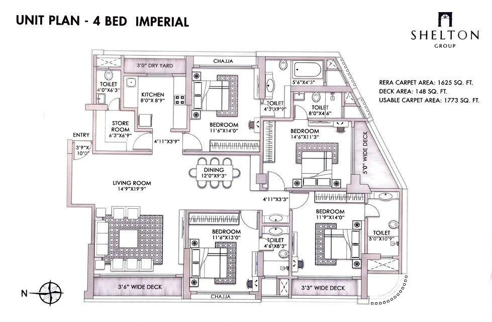 Floor plan of 4 BHK 1625 Sq. Ft. Apartment in Shelton Elite, Mumbai
