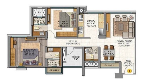 Floor plan of 2 BHK 809 Sq. Ft. Apartment in Sheth Auris Serenity Tower 2, Mumbai