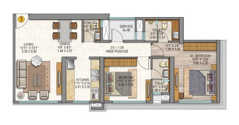 Floor plan of 2 BHK 808 Sq. Ft. Apartment in Sheth Auris Serenity Tower 2, Mumbai