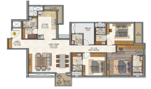 Floor plan of 3 BHK 1213 Sq. Ft. Apartment in Sheth Auris Serenity Tower 2, Mumbai
