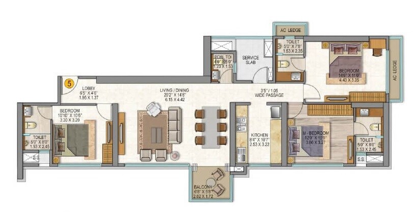 Floor plan of 3 BHK 1321 Sq. Ft. Apartment in Sheth Auris Serenity Tower 2, Mumbai