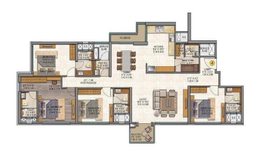 Floor plan of 4 BHK 1609 Sq. Ft. Apartment in Sheth Auris Serenity Tower 2, Mumbai