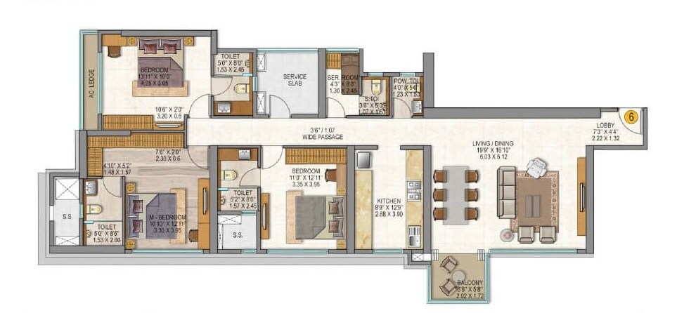 Floor plan of 4 BHK 1650 Sq. Ft. Apartment in Sheth Auris Serenity Tower 2, Mumbai