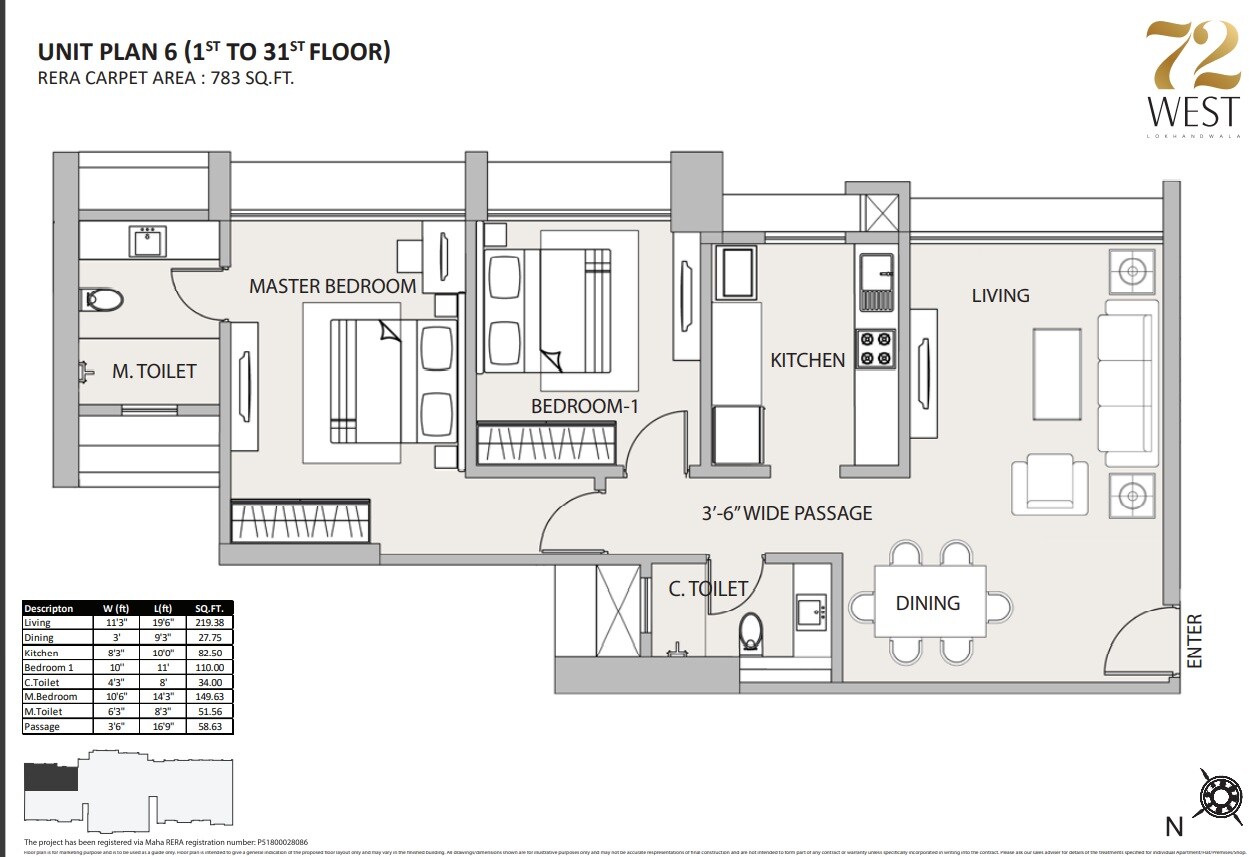 Floor plan of 2 BHK 783 Sq. Ft. Apartment in Sheth 72 West, Mumbai