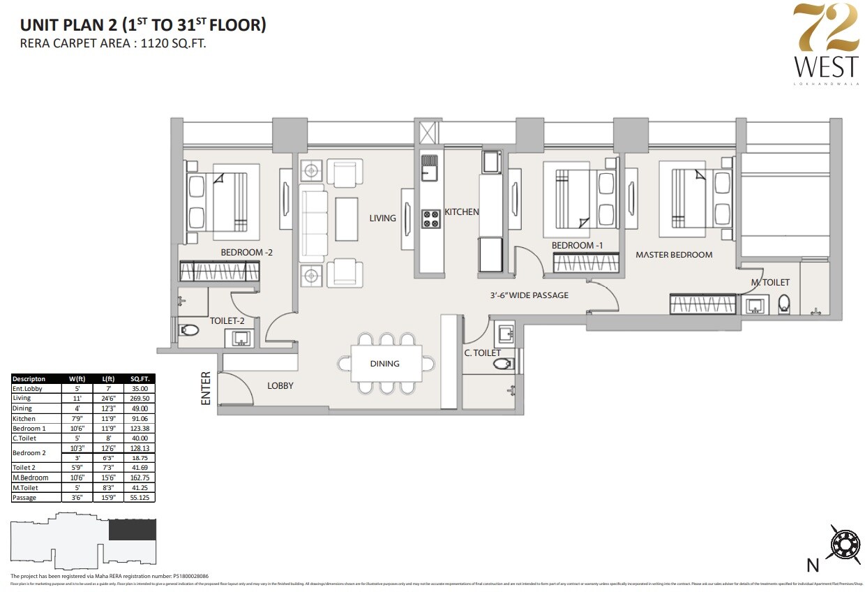 Floor plan of 3 BHK 1120 Sq. Ft. Apartment in Sheth 72 West, Mumbai