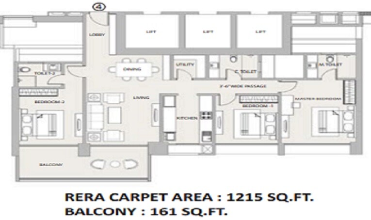 Floor plan of 3 BHK 1215 Sq. Ft. Apartment in Sheth 72 West, Mumbai
