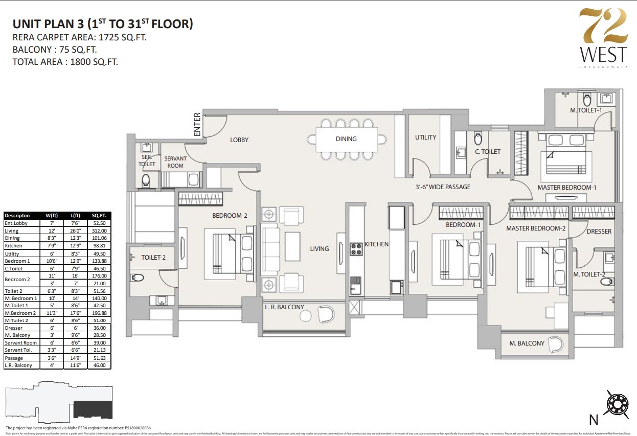 Floor plan of 4 BHK 1725 Sq. Ft. Apartment in Sheth 72 West, Mumbai