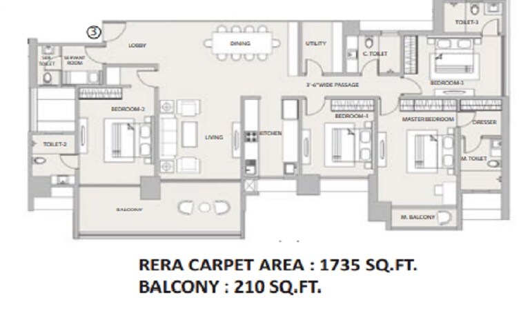 Floor plan of 4 BHK 1735 Sq. Ft. Apartment in Sheth 72 West, Mumbai
