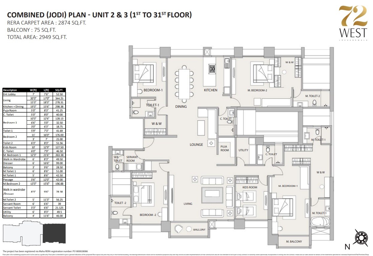 Floor plan of 5 BHK 2874 Sq. Ft. Apartment in Sheth 72 West, Mumbai