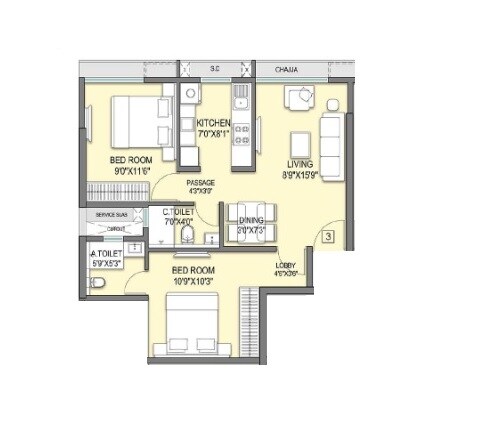 Floor plan of 2 BHK 683 Sq. Ft. Apartment in Sheth Aadhayay, Mumbai