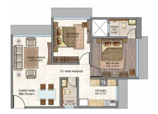 Floor plan of 2 BHK 604 Sq. Ft. Apartment in Sheth Auris Bliss, Mumbai