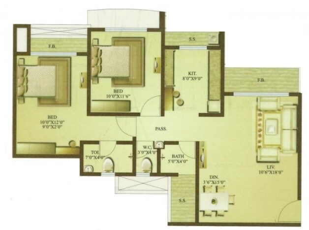 Floor plan of 2 BHK 677 Sq. Ft. Apartment in Sheth Auris Bliss, Mumbai