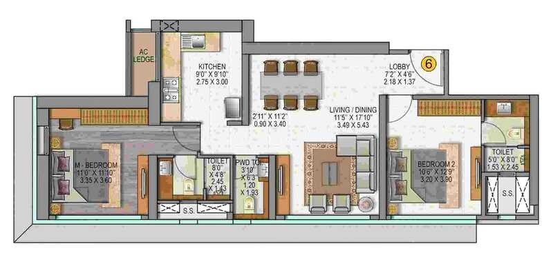 Floor plan of 2 BHK 794 Sq. Ft. Apartment in Sheth Auris Serenity Tower 3, Mumbai