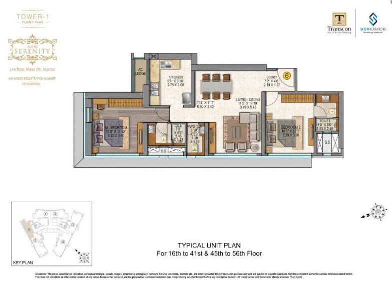 Floor plan of 2 BHK 805 Sq. Ft. Apartment in Sheth Auris Serenity Tower 2, Mumbai