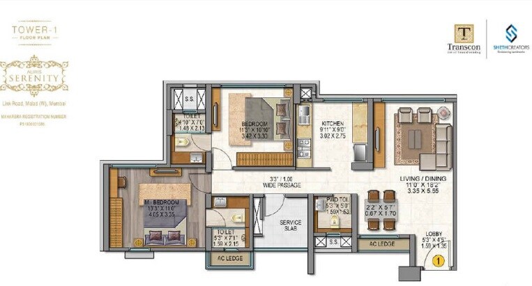 Floor plan of 2 BHK 807 Sq. Ft. Apartment in Sheth Auris Serenity Tower 2, Mumbai