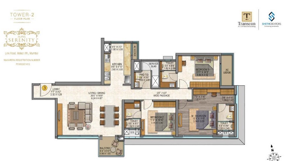 Floor plan of 3 BHK 1235 Sq. Ft. Apartment in Sheth Auris Serenity Tower 2, Mumbai