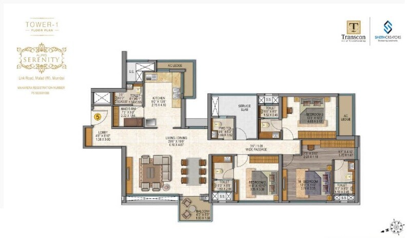 Floor plan of 4 BHK 1352 Sq. Ft. Apartment in Sheth Auris Serenity Tower 2, Mumbai