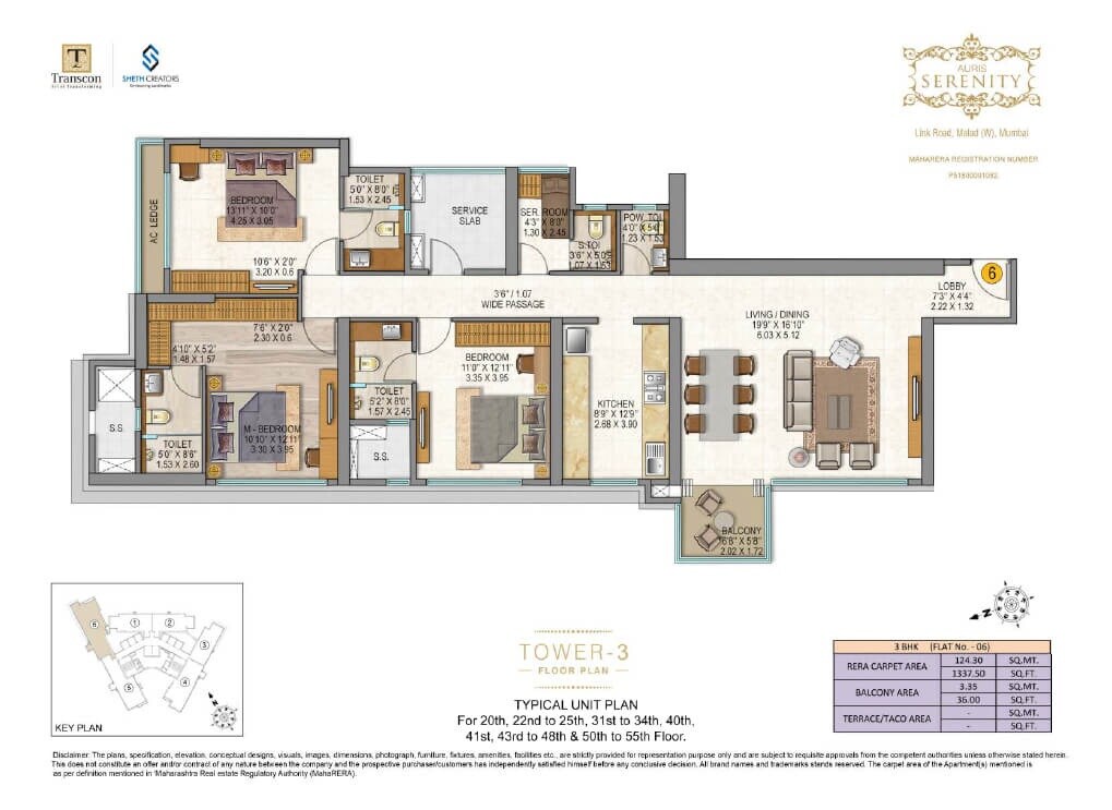Floor plan of 3 BHK 1373 Sq. Ft. Apartment in Sheth Auris Serenity Tower 2, Mumbai
