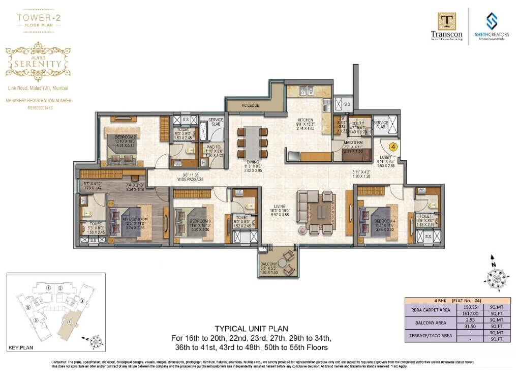 Floor plan of 4 BHK 1648 Sq. Ft. Apartment in Sheth Auris Serenity Tower 2, Mumbai