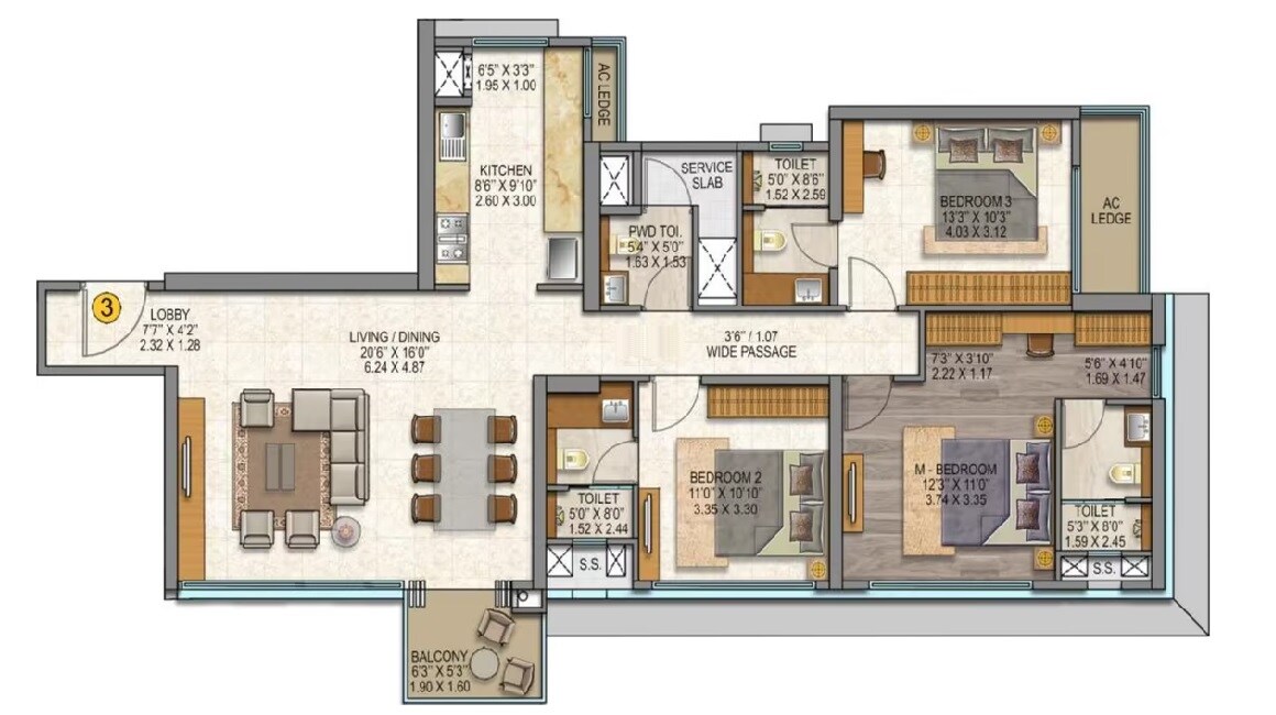 Floor plan of 3 BHK 1233 Sq. Ft. Apartment in Sheth Auris Serenity Tower 3, Mumbai