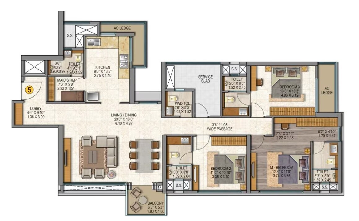 Floor plan of 4 BHK 1640 Sq. Ft. Apartment in Sheth Auris Serenity Tower 3, Mumbai
