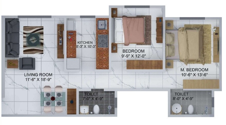 Floor plan of 2 BHK 739 Sq. Ft. Apartment in Sheth Avante, Mumbai