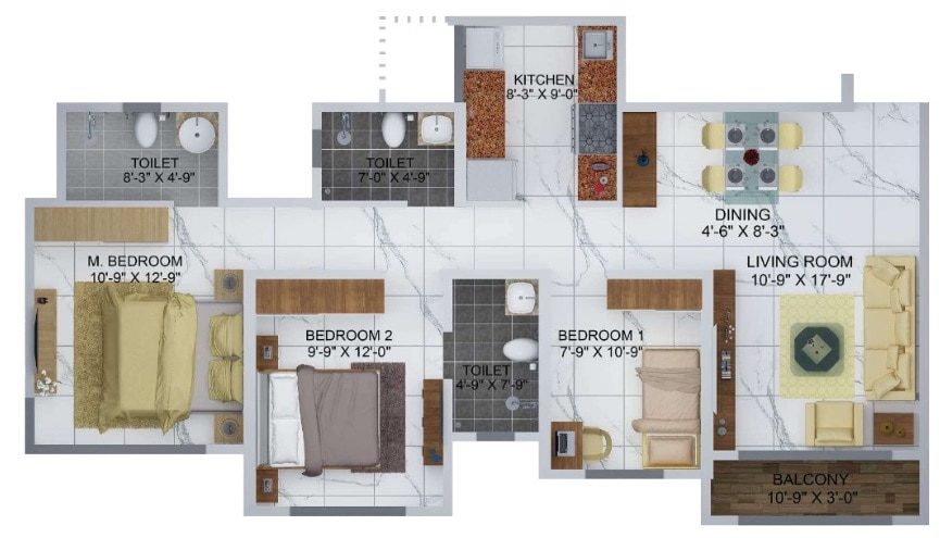 Floor plan of 3 BHK 891 Sq. Ft. Apartment in Sheth Avante, Mumbai