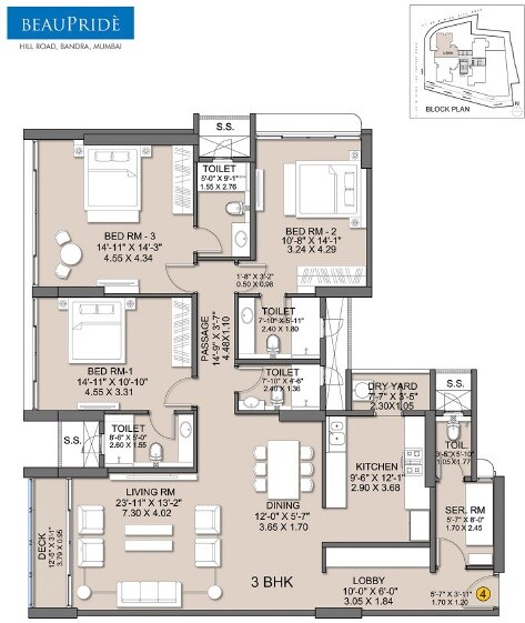 Floor plan of 3 BHK 1445 Sq. Ft. Apartment in Sheth Beau Pride, Mumbai