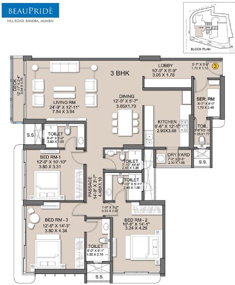 Floor plan of 3 BHK 1583 Sq. Ft. Apartment in Sheth Beau Pride, Mumbai