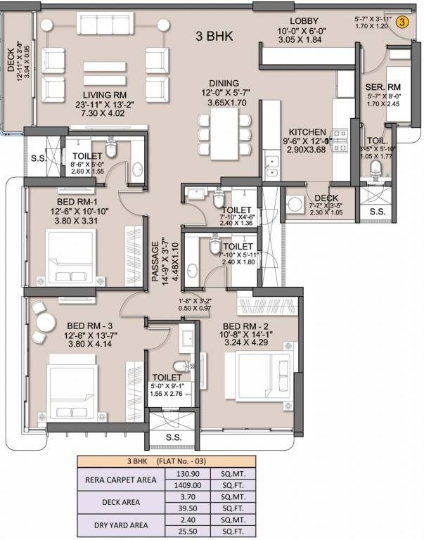 Floor plan of 3 BHK 1474 Sq. Ft. Apartment in Sheth Beau Pride, Mumbai