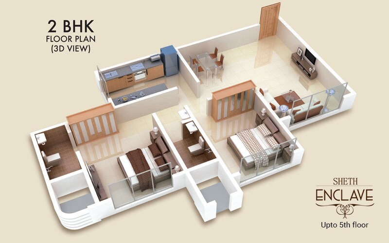 Floor plan of 2 BHK 820 Sq. Ft. Apartment in Sheth Enclave, Mumbai