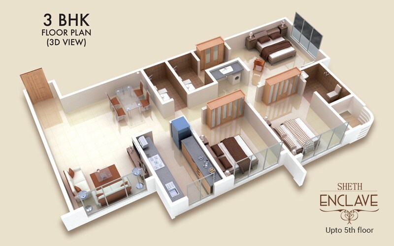 Floor plan of 3 BHK 1021 Sq. Ft. Apartment in Sheth Enclave, Mumbai