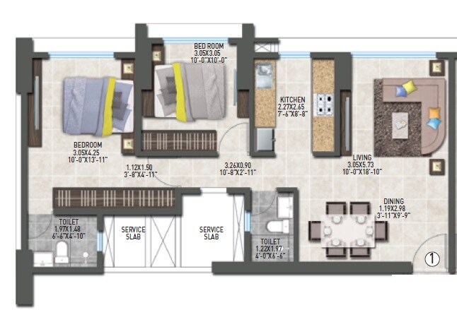 Floor plan of 2 BHK 676 Sq. Ft. Apartment in Sheth Irene, Mumbai