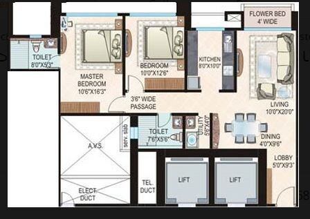 Floor plan of 2 BHK 838 Sq. Ft. Apartment in Sheth La Citadel, Mumbai