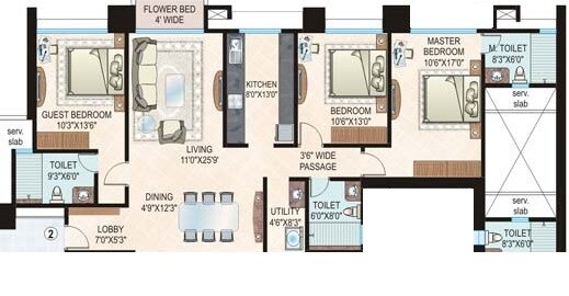 Floor plan of 3 BHK 1214 Sq. Ft. Apartment in Sheth La Citadel, Mumbai