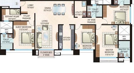 Floor plan of 4 BHK 1592 Sq. Ft. Apartment in Sheth La Citadel, Mumbai