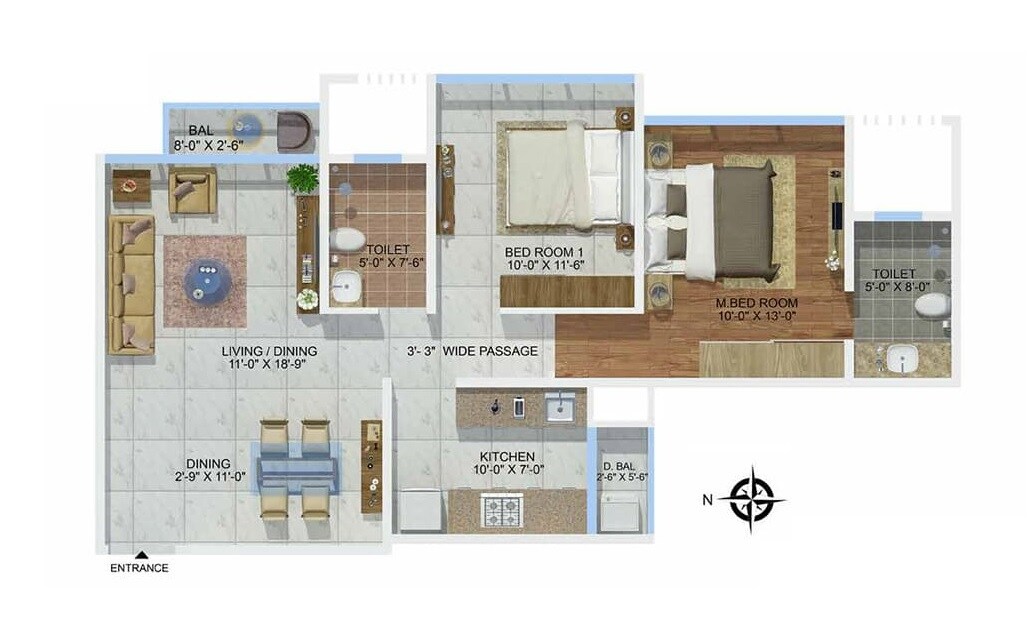 Floor plan of 2 BHK 594 Sq. Ft. Apartment in Sheth Montana, Mumbai