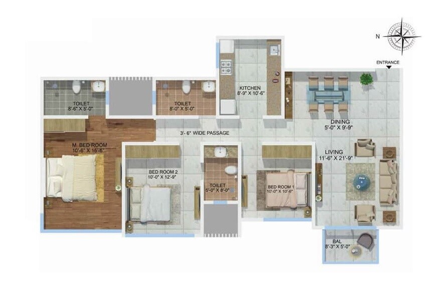 Floor plan of 3 BHK 977 Sq. Ft. Apartment in Sheth Montana, Mumbai