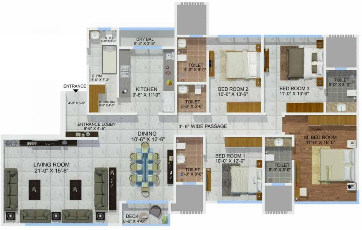 Floor plan of 4 BHK 1844 Sq. Ft. Apartment in Sheth Montana Phase 2, Mumbai