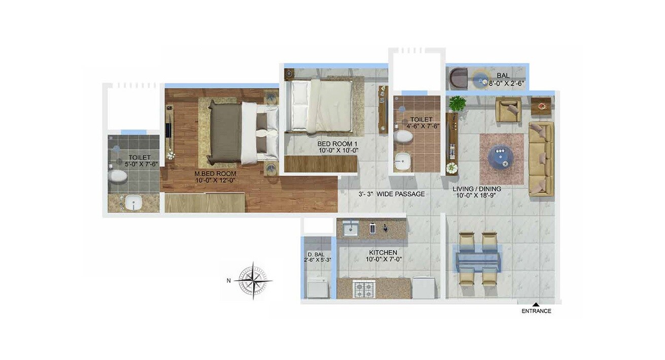 Floor plan of 2 BHK 733 Sq. Ft. Apartment in Sheth Montana Phase 3, Mumbai
