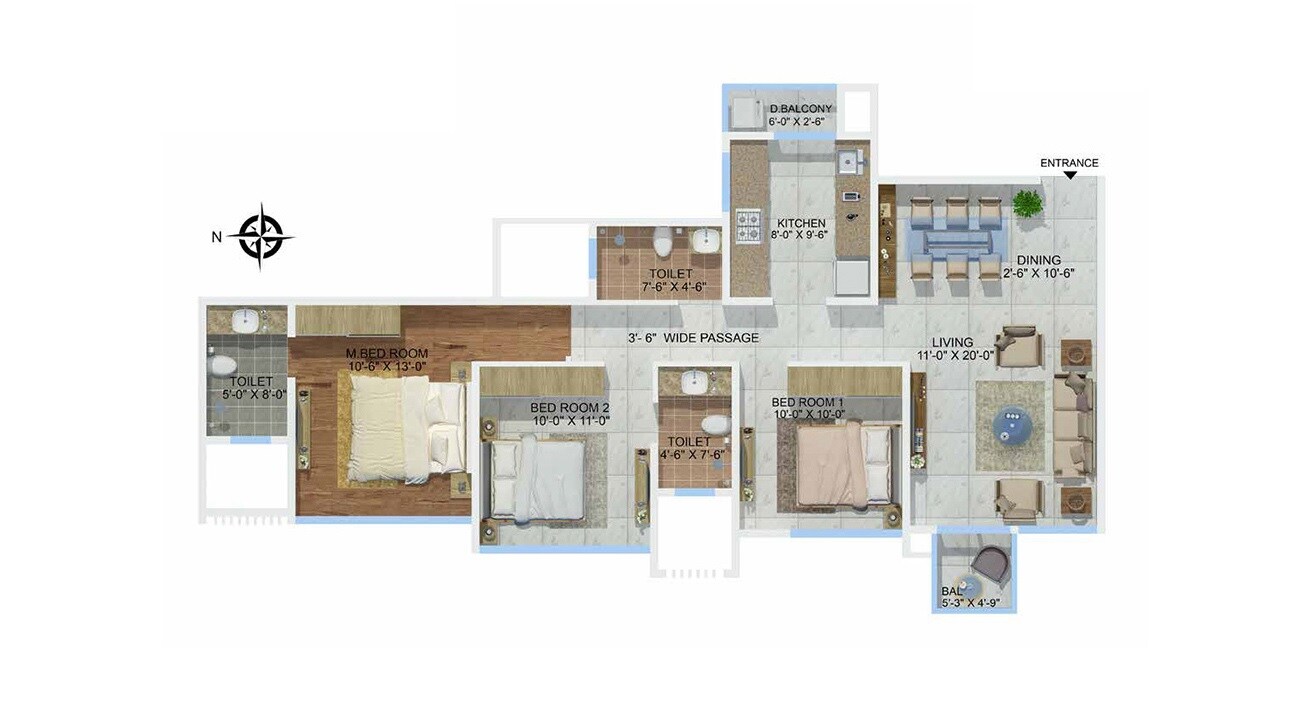 Floor plan of 3 BHK 1028 Sq. Ft. Apartment in Sheth Montana Phase 3, Mumbai