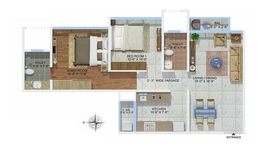 Floor plan of 2 BHK 710 Sq. Ft. Apartment in Sheth Montana Phase 4, Mumbai