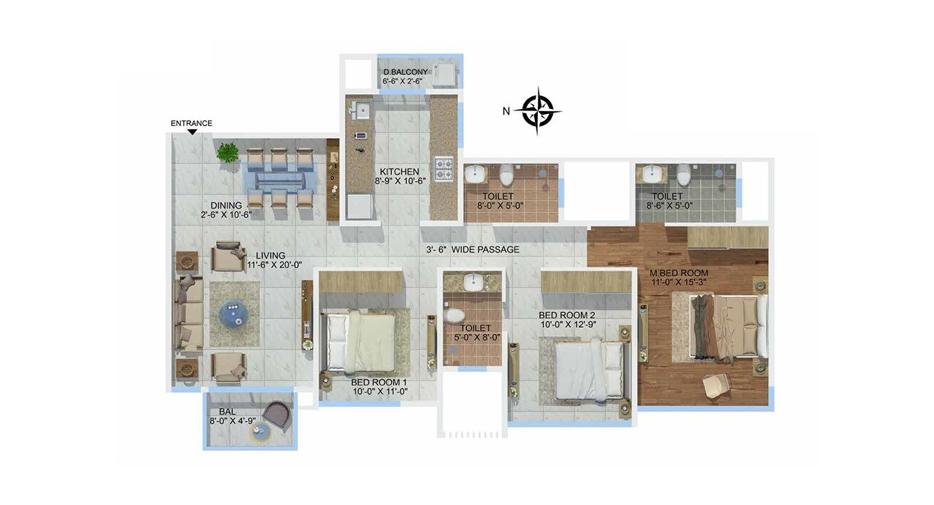 Floor plan of 3 BHK 1108 Sq. Ft. Apartment in Sheth Montana Phase 4, Mumbai