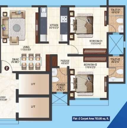 Floor plan of 2 BHK 783 Sq. Ft. Apartment in Sheth Orion Apatment, Mumbai