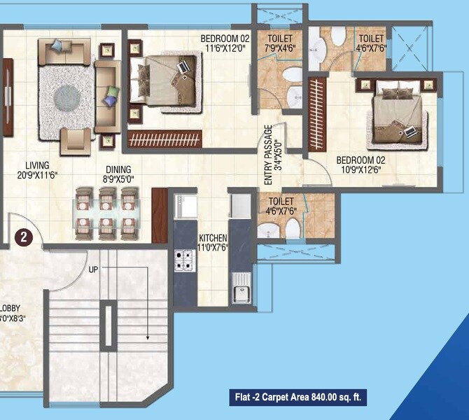Floor plan of 2 BHK 840 Sq. Ft. Apartment in Sheth Orion Apatment, Mumbai