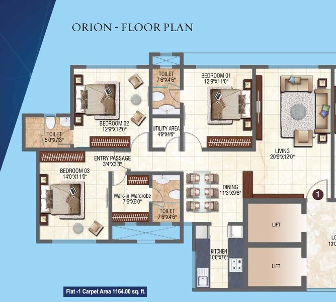 Floor plan of 3 BHK 1163 Sq. Ft. Apartment in Sheth Orion Apatment, Mumbai