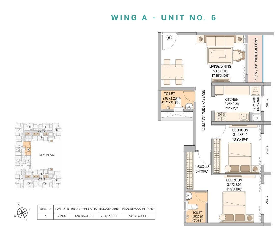 Floor plan of 2 BHK 685 Sq. Ft. Apartment in Sheth Vasant Blossom, Mumbai