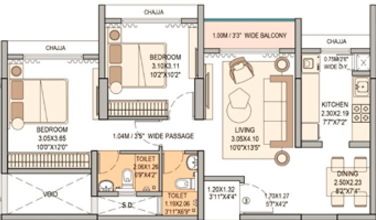 Floor plan of 2 BHK 690 Sq. Ft. Apartment in Sheth Vasant Blossom, Mumbai