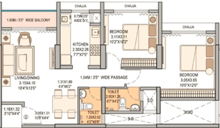 Floor plan of 2 BHK 694 Sq. Ft. Apartment in Sheth Vasant Blossom, Mumbai